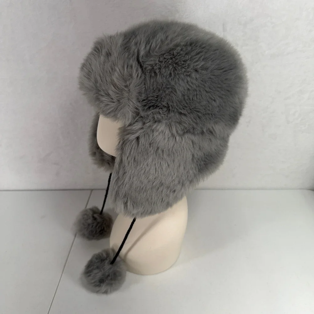 Justice One Size Trapper Hat Grey Faux Fur Pom Pom Aviator Winter Cap 820388